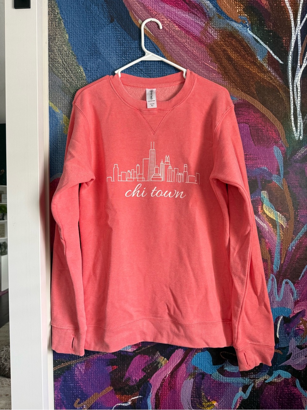 Chicago Chi Town Coral Crewneck Sweatshirt with Thumbholes